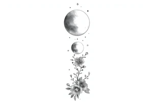 new moon, waxing crescent, first quarter, waxing gibbous, full moon, waning gibbous, last quarter, and waning crescent going down the spine vertically flowers and vines and stars around it tattoo idea