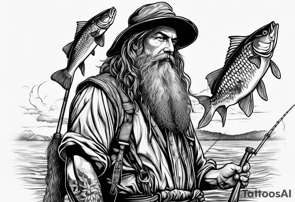 fisherman standing full body simple drawing tattoo idea