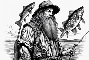 fisherman standing full body simple drawing tattoo idea