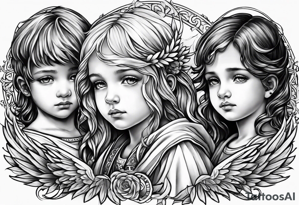 2 boy angels and 1 girl angel praying tattoo idea