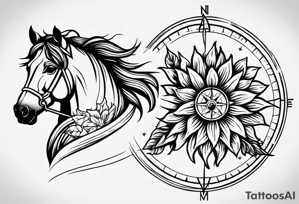 Horse, compass, sunflower tattoo idea