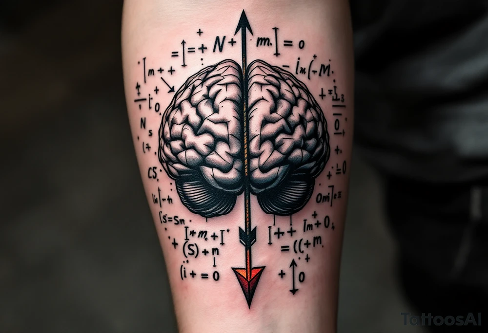 A front-seen brain in geometric and straight lines, math symbols arround. A detailed arrow crossing from below, with its tip desintegrating to represent entropy. Around of the main tattoo, math and physics formulas fill the space, including the formula "ΔS ≥ 0" and the formula "(iδ + m) Φ = 0" tattoo idea