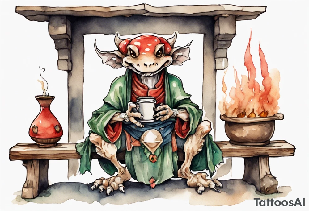 a mushroom kobold
wearing a medieval tunic sitting on a bench by a fireplace drinking from a wood cup, happy tattoo idea