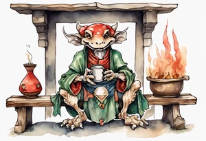 a mushroom kobold
wearing a medieval tunic sitting on a bench by a fireplace drinking from a wood cup, happy tattoo idea