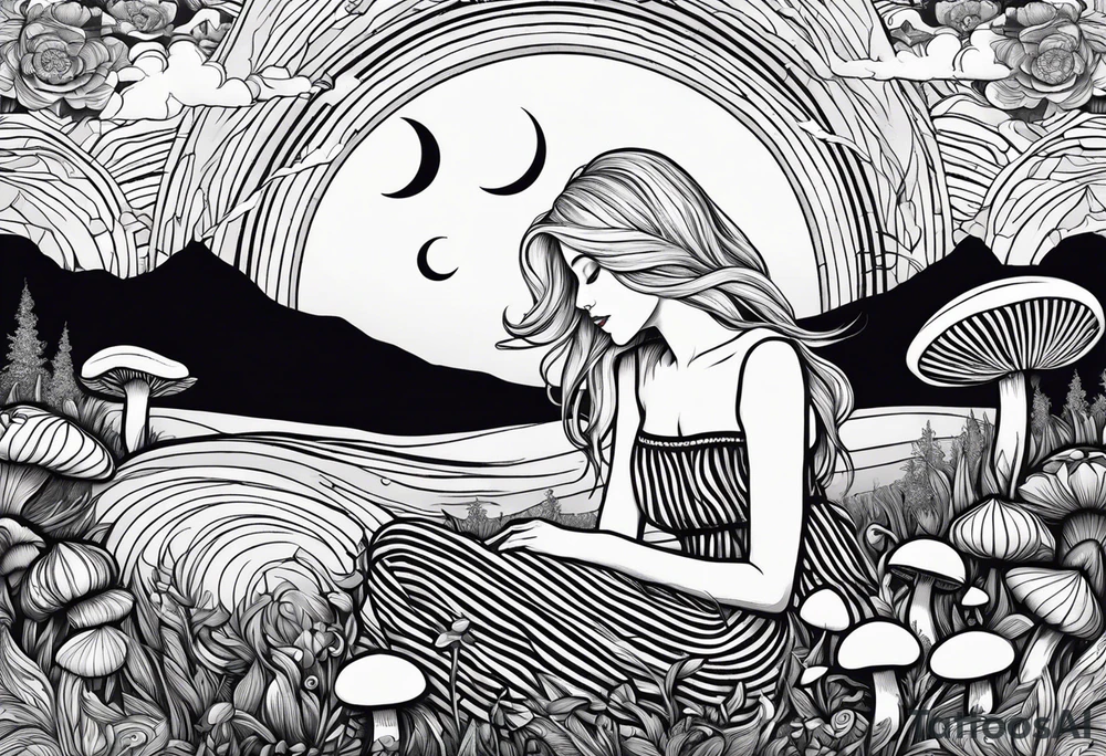 Straight blonde hair girl in black and white striped dress sleeping in a field of mushrooms with mountains s
and crescent moon mandala background tattoo idea