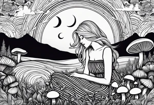 Straight blonde hair girl in black and white striped dress sleeping in a field of mushrooms with mountains s
and crescent moon mandala background tattoo idea