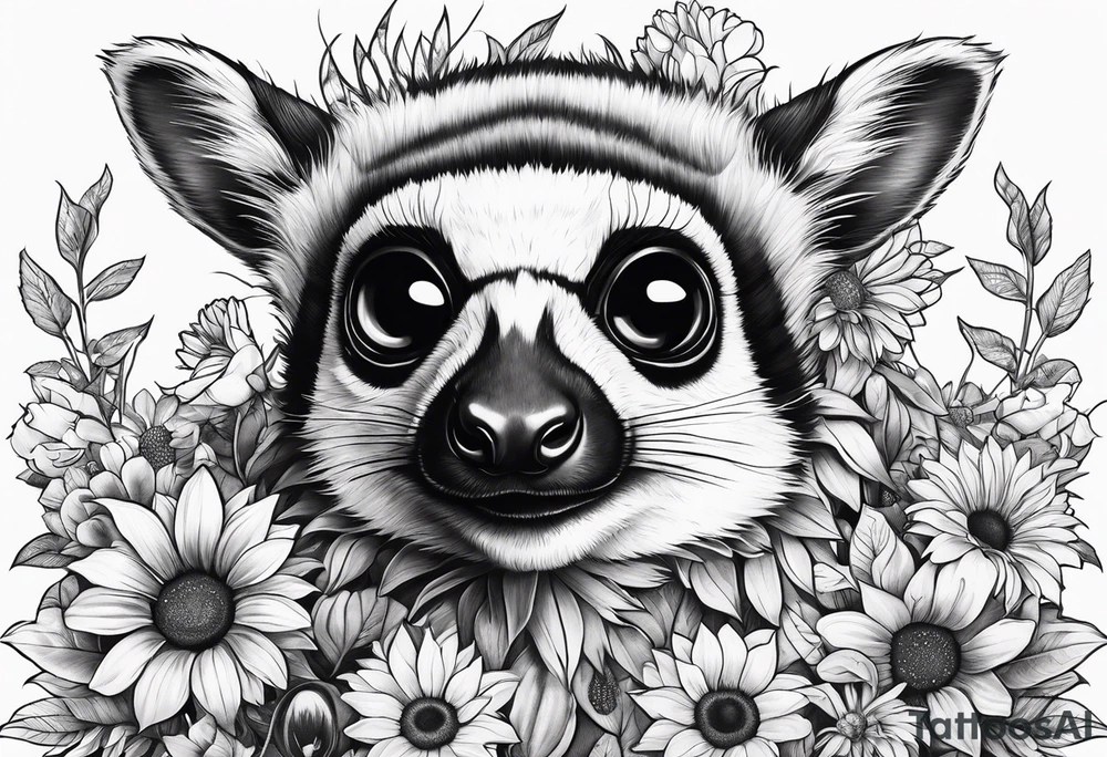A lemur, a sunflower, and a bumble bee tattoo idea