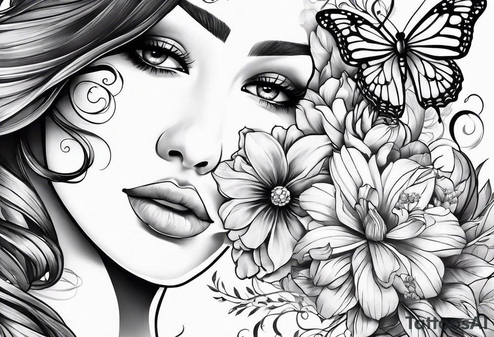 Half face with flowers and butterfly tattoo idea