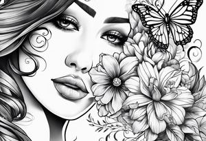 Half face with flowers and butterfly tattoo idea