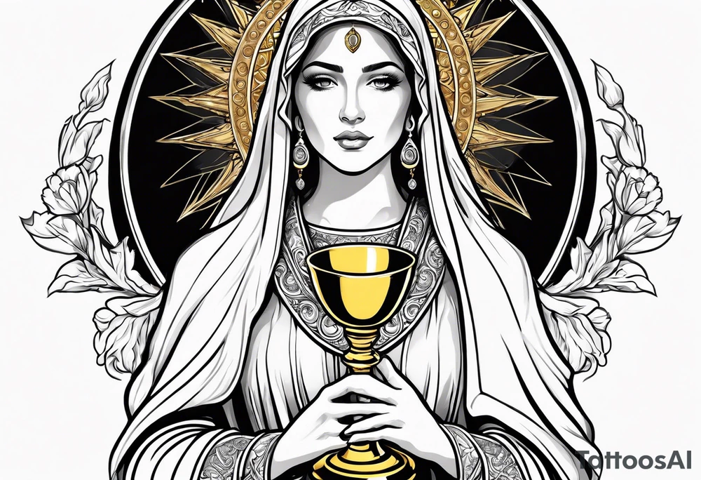 woman saint holding chalice surrounded by golden halo tattoo idea