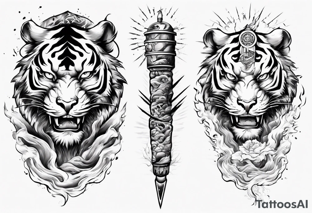 Tiger warrior with lightning and the sun for a forearm sleeve tattoo idea