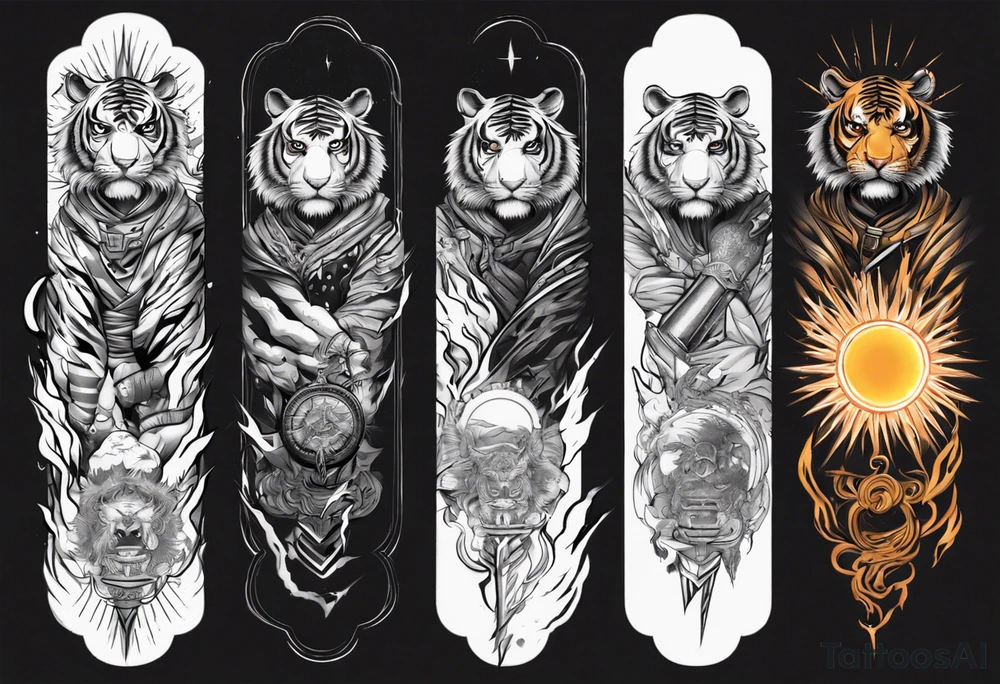 tiger warrior with lightning and the sun for a forearm sleeve tattoo idea