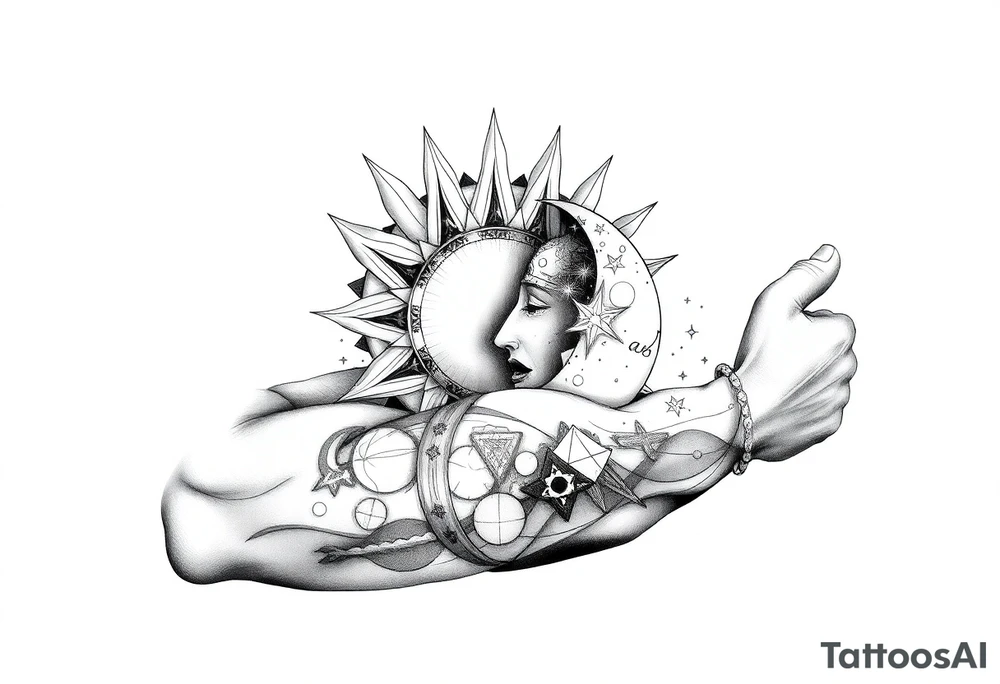 celestial sun and moon embrace with constellation patterns tattoo idea