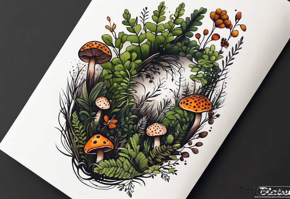 minimalistic forest floor inspired tattoo, which includes grass, moss, curly ferns and dead leaves as the bulk of the tattoo. details to include: forest berries, couple of very small brown mushrooms, a tiny bumblebee flying nearby tattoo idea