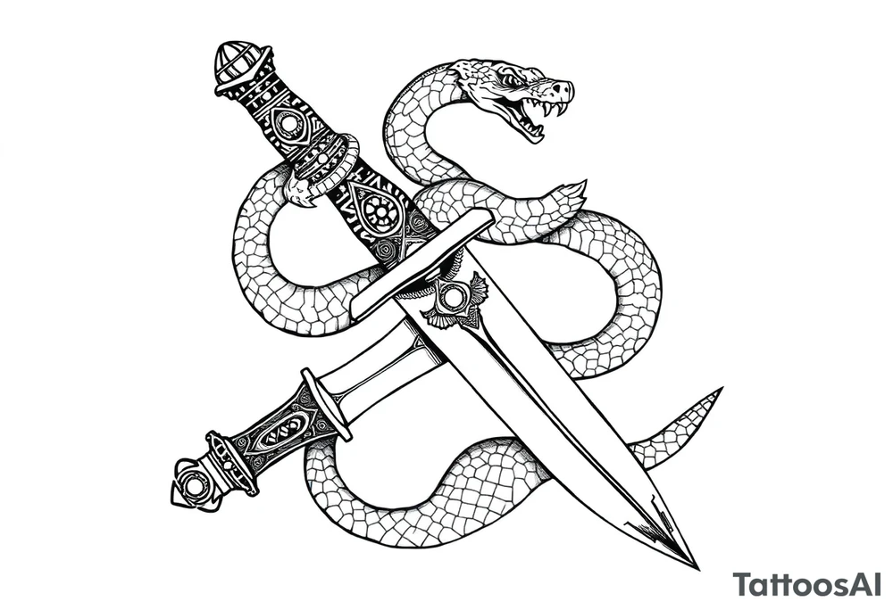 mystical snake coiled around an ancient dagger with jeweled hilt tattoo idea