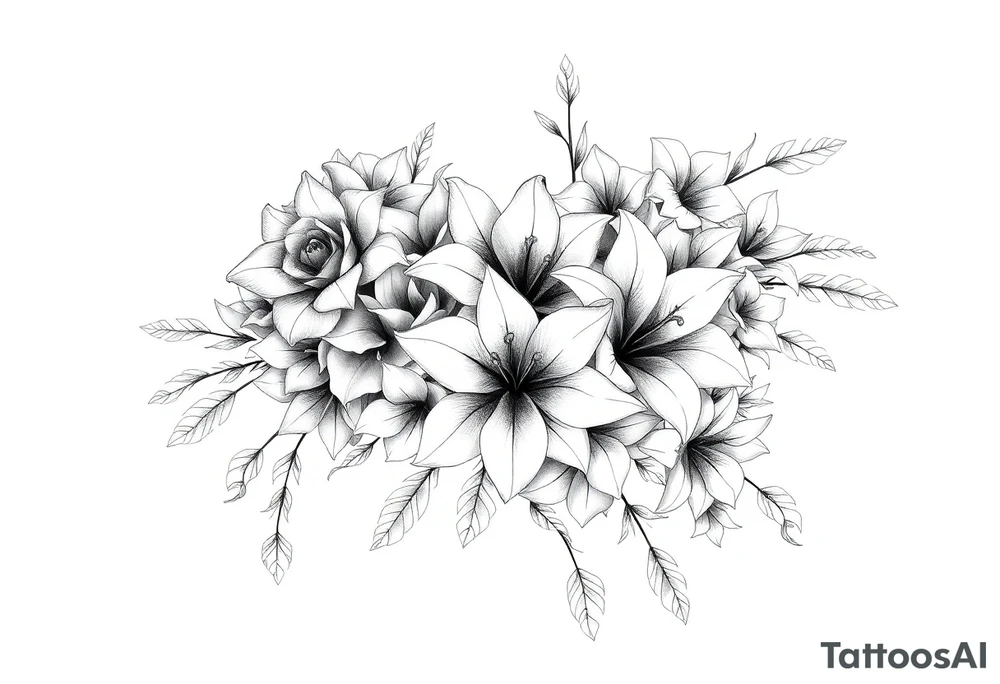 Arm and shoulder tattoo including roses, Lilly’s, and other beautiful flowers tattoo idea