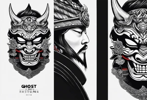 hanya mask on the shoulder, mask from ghost of Tsushima, hanya mask with three eyes tattoo idea