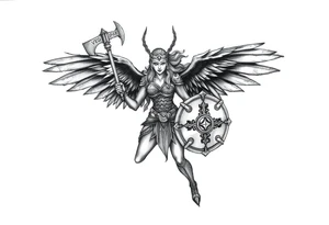 A fierce looking Valkyrie with very big dark wings. The whole body with legs should be visible. 
She's wielding a menacing axe and a sturdy shield with a vegvisir symbol. tattoo idea