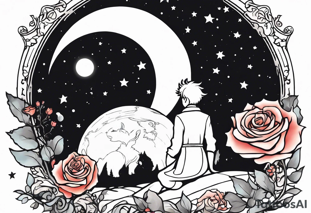 The Little prince sitting on his planet toghether with the fox on his planet besides his rose. Both are watching into the sky tattoo idea