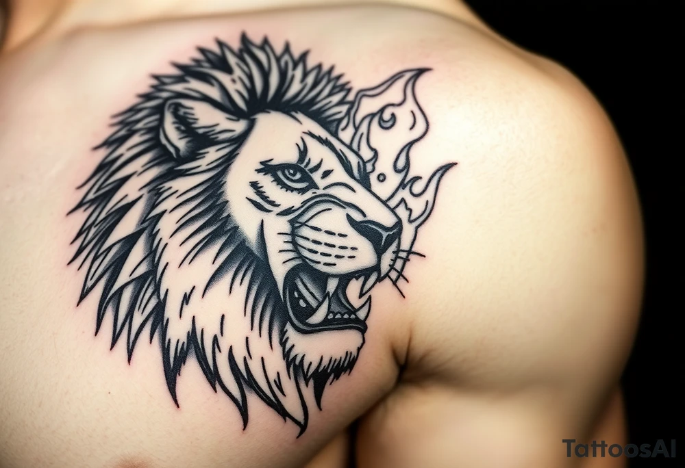 Lion looking into the fire face on full of emotion tattoo idea