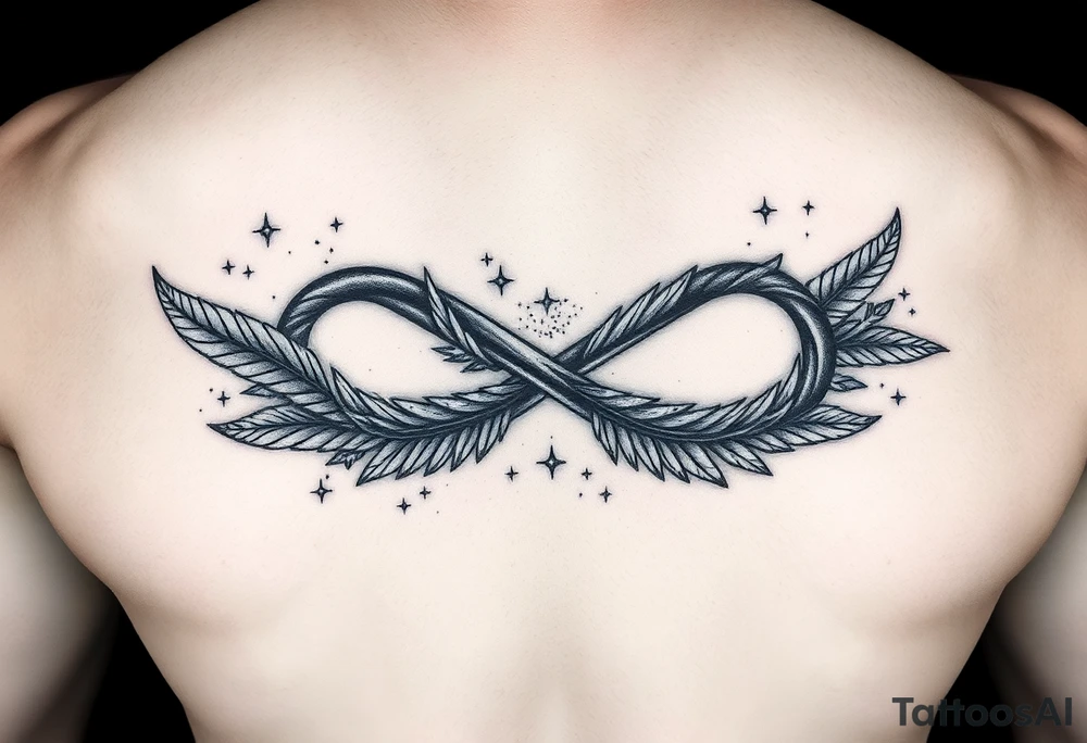 a manly infinity symbol woven with floating feathers and stardust tattoo idea