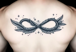 a manly infinity symbol woven with floating feathers and stardust tattoo idea