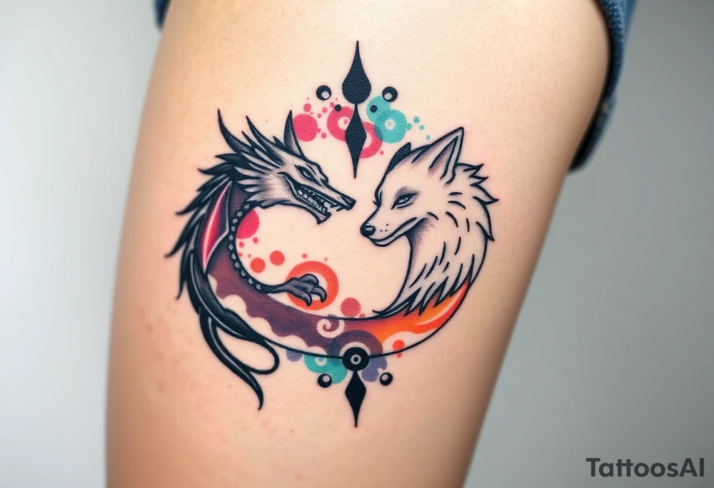 Ying yang symbol with one side a dragon and one side a wolf tattoo idea