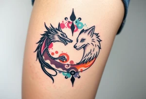 Ying yang symbol with one side a dragon and one side a wolf tattoo idea