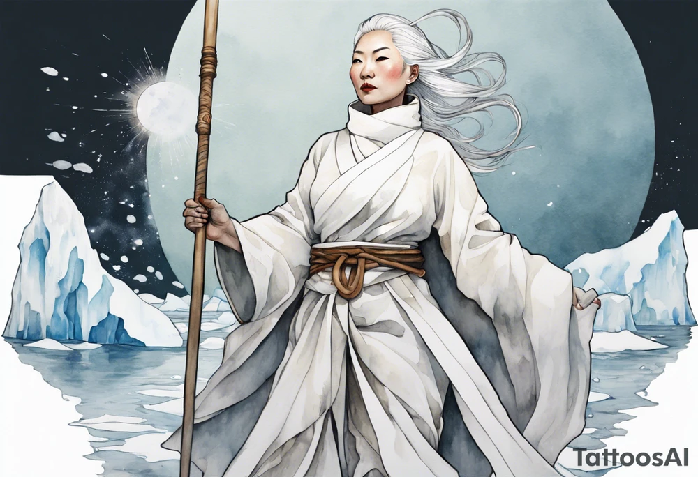 a 40 year old Inuit woman with white hair and a white robe holding a silver and white staff, standing on an iceberg tattoo idea