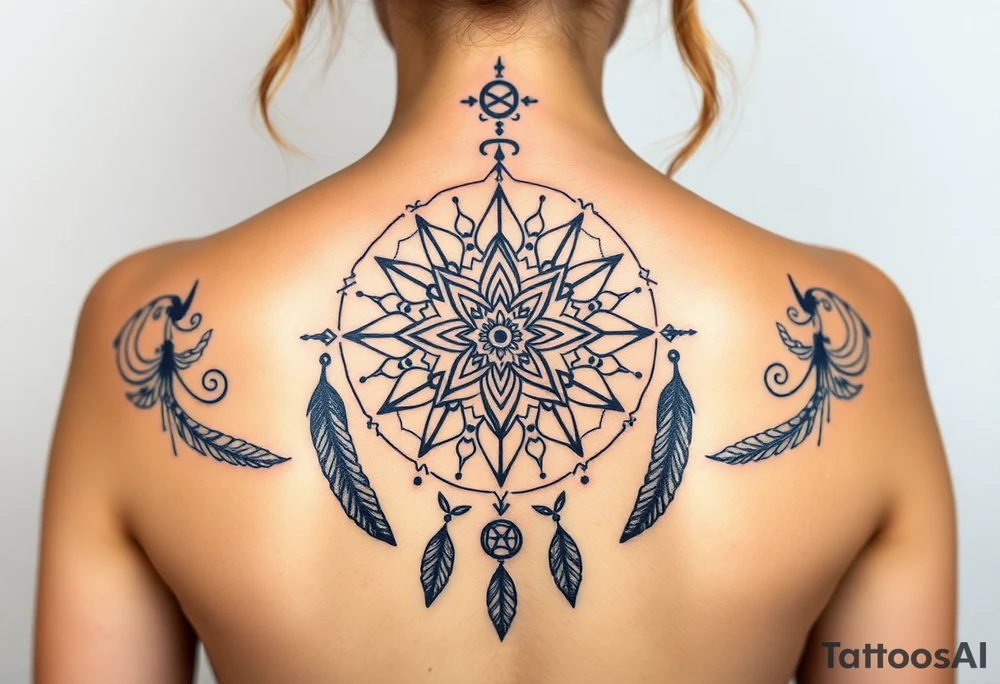 shaman symbols and one big mandala and one little mandala and feathers wicca witch spiritual and sami culture big whole back tattoo idea