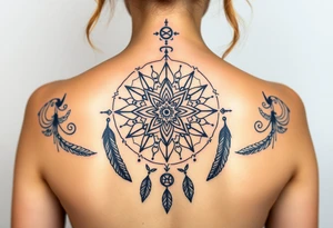shaman symbols and one big mandala and one little mandala and feathers wicca witch spiritual and sami culture big whole back tattoo idea