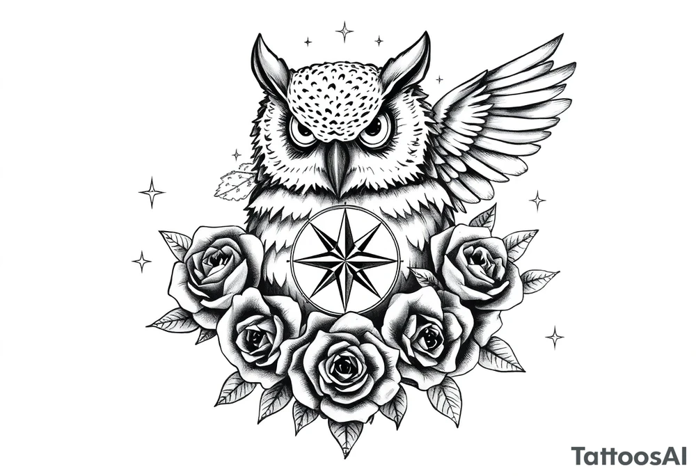 an owl,compass,roses,stars. tattoo idea