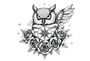 an owl,compass,roses,stars. tattoo idea