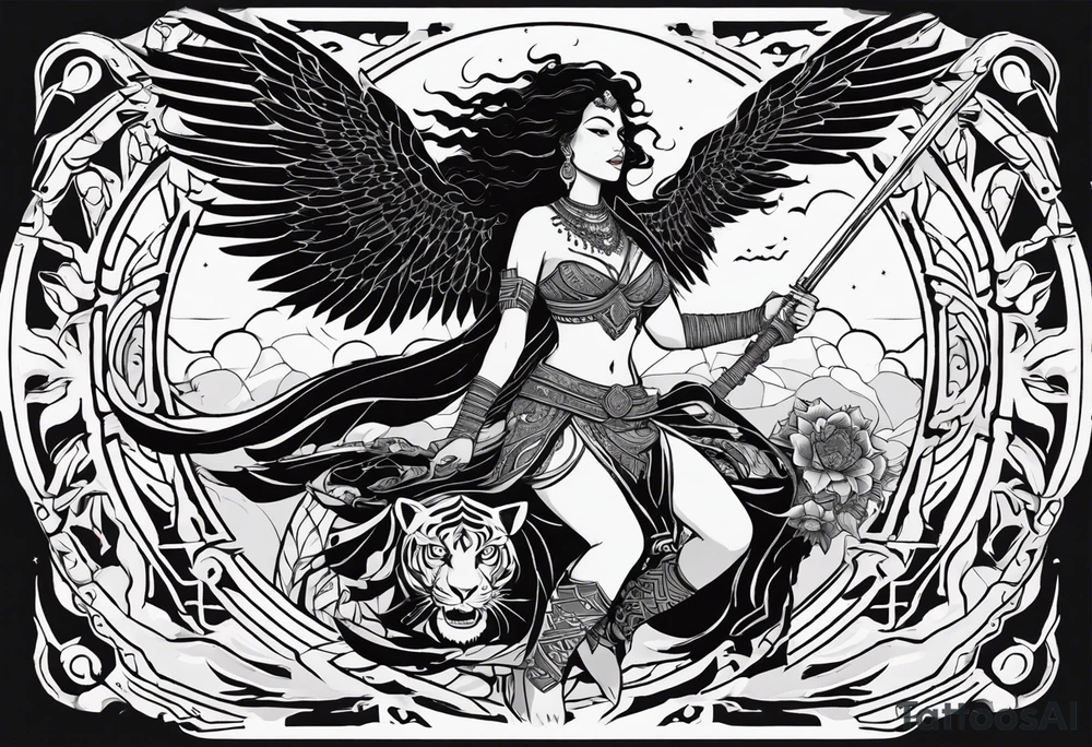 black kali, goddess pirate, alien, angel, pachamama, valkrye, warrior, flying, skull, lotus azul, wing, eagle, zenza resonance, stars, 5D, anahata chakra, death, durga, riding on a tiger, flying lady tattoo idea
