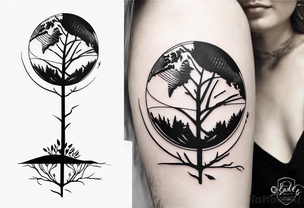 minimalistic, fine line tattoo, very few lines only, showing a globe growing out of a tree stem, symbolizing the love for traveling and experiencing the world and new cultures but not forgetting about the roots of family and friends who I am very grateful for tattoo idea