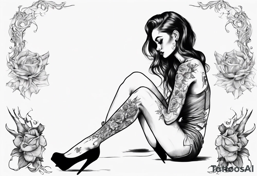 A girl in heels sits on the floor, leaning on her feet, with two legs wide open tattoo idea