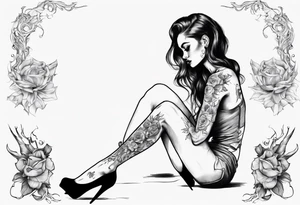 A girl in heels sits on the floor, leaning on her feet, with two legs wide open tattoo idea