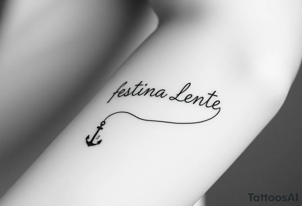 A small, minimal conceptual tattoo for the inner arm.
The phrase “Festina Lente” is not written traditionally; instead, the entire text is formed subtly from a single thin rope.
At the lower end of the rope, a small anchor is attached and appears embedded into the skin, symbolizing patience and stability.
At the opposite end, the rope is being pulled by a very small, minimal, symbolic devil silhouette representing haste.
The rope naturally twists and curves to form the letters of “Festina Lente”, so that at first glance it looks like an abstract rope composition, but upon closer inspection the text becomes readable.
Highly refined, modern calligraphic flow created by the rope itself, elegant and understated.
Black ink only, ultra-fine line work, minimal shading, strong use of negative space, contemporary 2026 tattoo style.
No traditional tattoo elements, no bold outlines, no old-school style, no decorative ornaments.
Clean, intelligent, subtle storytelling tattoo suitable for a small inner-arm placement. tattoo idea