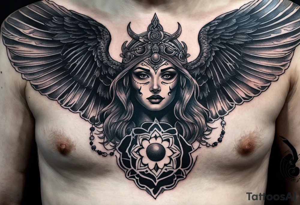 black kali, goddess pirate, alien, angel, pachamama, valkrye, warrior, flying, skull, lotus azul, wing, eagle, zenza resonance, stars, 5D, anahata chakra, death, durga, riding on a tiger, flying lady, kundalini, chest tatoo, rebel tattoo idea