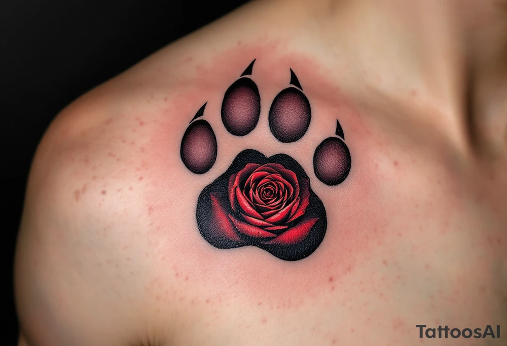 A detailed paw print with a heart-shaped hole in the center, filled with a deep red rose, showcasing love and protection. tattoo idea