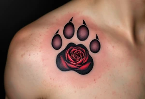 A detailed paw print with a heart-shaped hole in the center, filled with a deep red rose, showcasing love and protection. tattoo idea