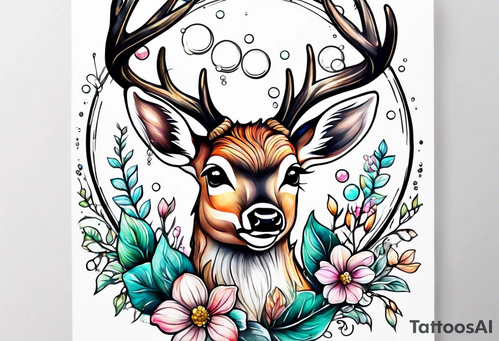 Baby Deer momma deer bubbles plants tattoo idea