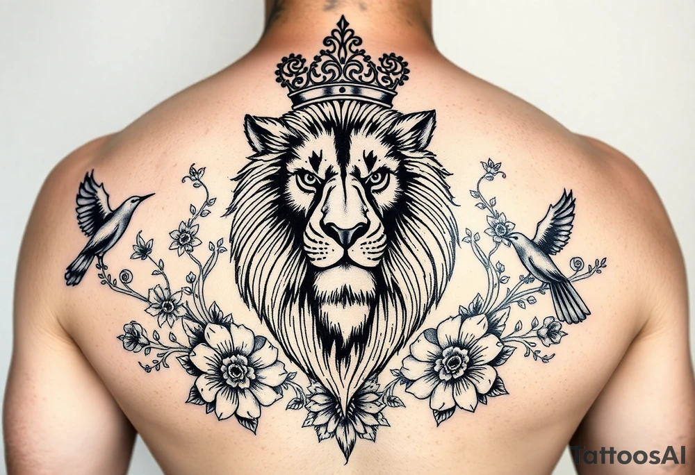 powerful majestic lion with a crown, surrounded by floral ornaments and birds tattoo idea