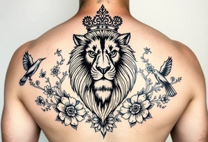 powerful majestic lion with a crown, surrounded by floral ornaments and birds tattoo idea