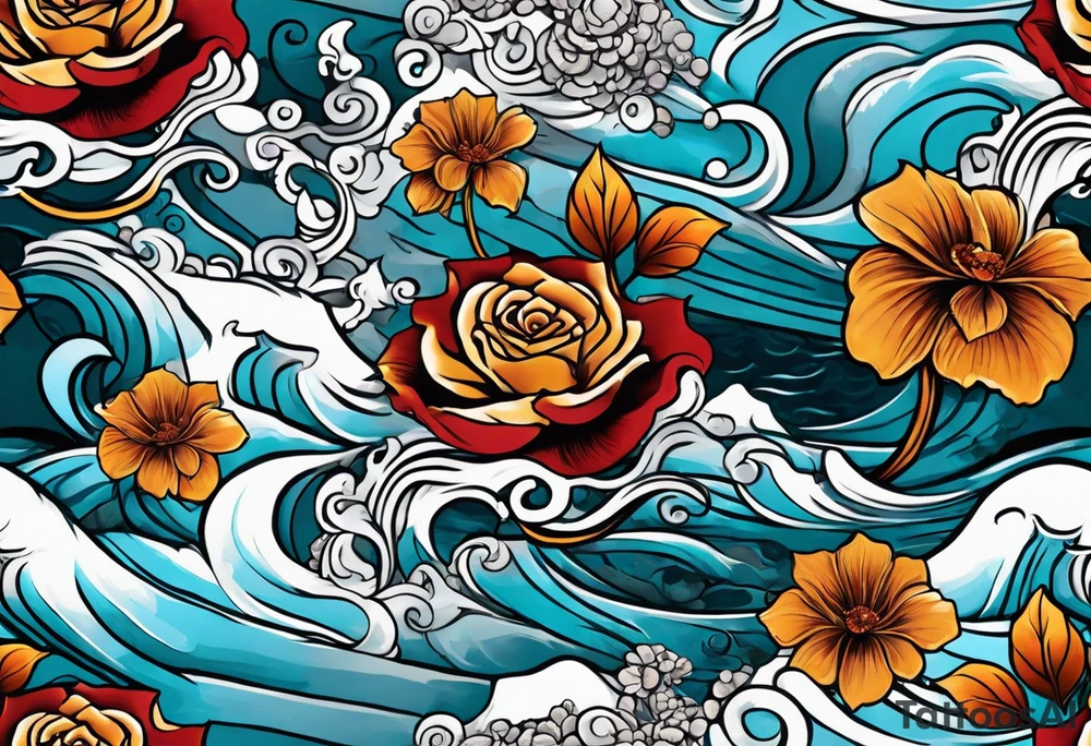 Left thigh tattoo with an octopus in water swirls wrapping around rocks, a rose, in fall colors tattoo idea