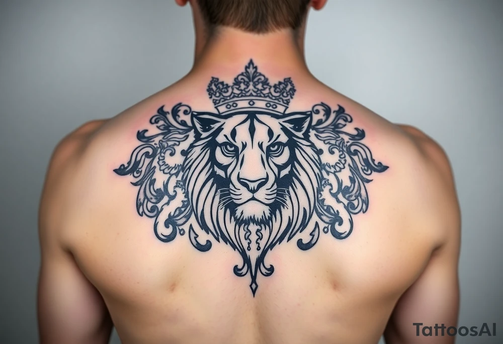 majestic lion wearing ornate crown, surrounded by baroque flourishes tattoo idea