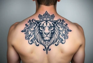 majestic lion wearing ornate crown, surrounded by baroque flourishes tattoo idea