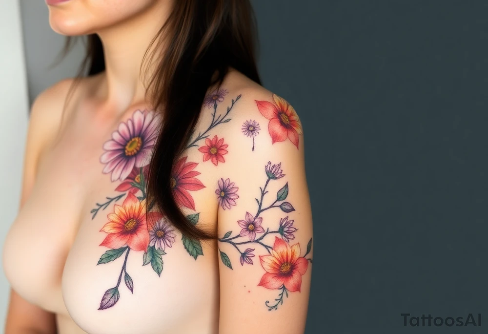 This tattoo is on a woman. It starts on her left side of the chest on the pectoral with a Glaiolus and Daisy together, then the tattoo rises over the left shoulder and down the arm and ends at the elbow. The tattoo will include a primroses, Calla Lilys, and Lillys. It will be light on color except in the petals and has light shading to make it pop. It will not wrap around the chest but rather bloom upwards from the pectoral and spill over the shoulder and down to the elbow. tattoo idea