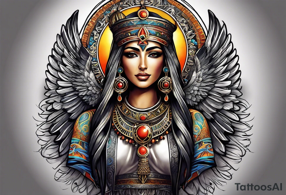 Isis (top center): With wings and the sun disc on her head, holding the ankh.
arm tatto tattoo idea