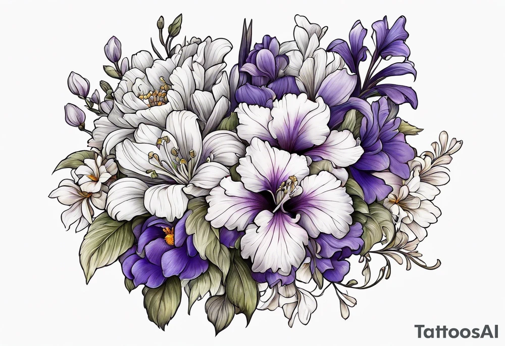 Flower bouquet filled with violets, irises and chrysanthemums tattoo idea